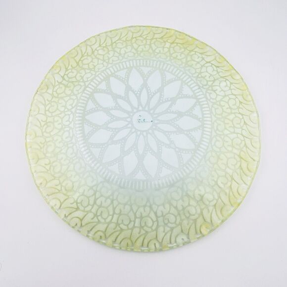 Signed Vintage Art Glass Plate Yellow White Clear Lacy Pattern 8.75 in - Picture 3 of 12